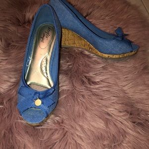 Denim peep toe wedge